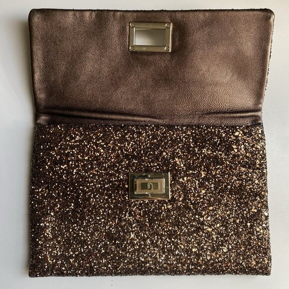 Anya Hindmarch Brown Glitter Clutch Leather Valorie Gold Turn Lock Handbag - Picture 14 of 17